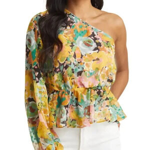 Vici Collection Floral One-Shoulder Peplum Blouse in Green Multi. Sz: XL